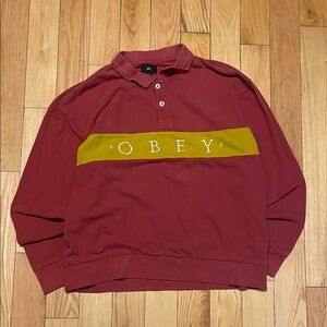 Obey Burgundy Long-Sleeve Polo with Mustard Chest Stripe